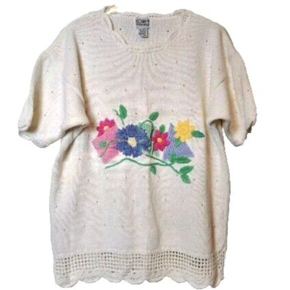 Vintage Koret Francisca Knit Short Sleeve Sweater White Scallop Cottage Plus 1X - Picture 1 of 10